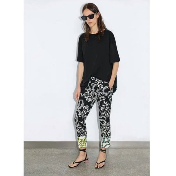 ZARA Printed Ankle Pants | Black Cream Tropical Floral | 97% Cotton Stretch | 2 - Picture 3 of 14